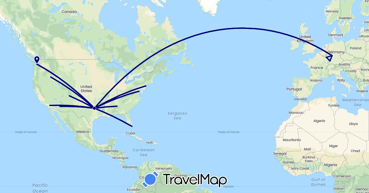 TravelMap itinerary: driving in Germany, France, Luxembourg, United States (Europe, North America)